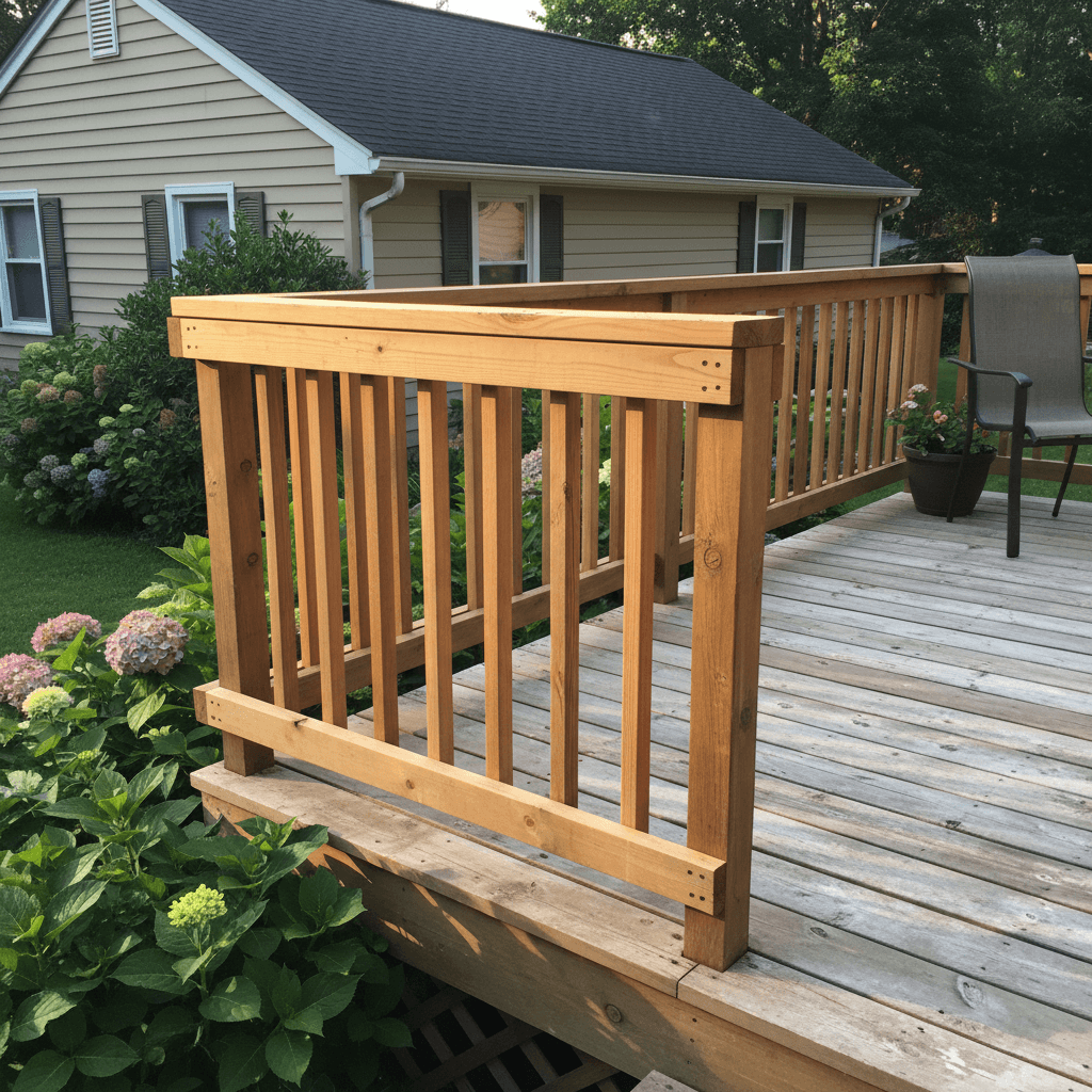 Rehabilitated wooden deck railing on a residential home
