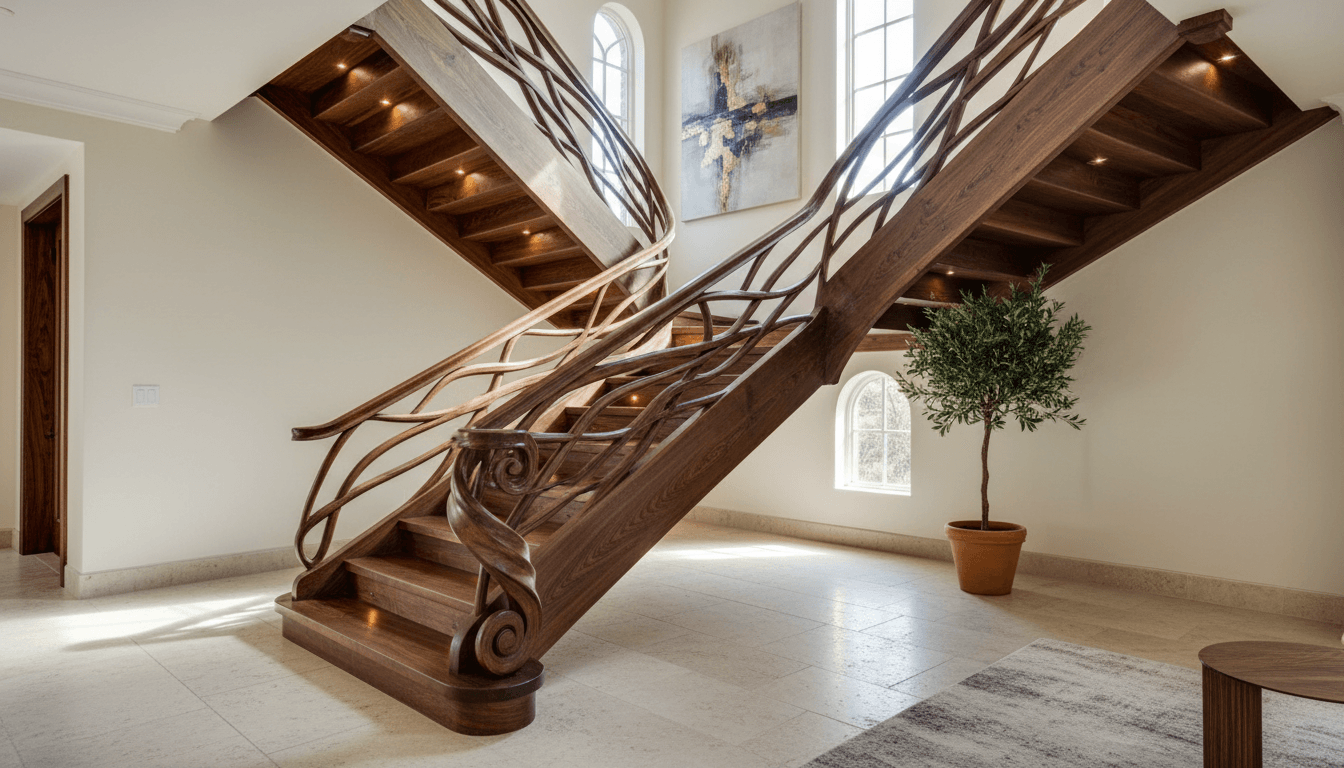 Elegant custom wooden staircase with handcrafted railing in bright home interior