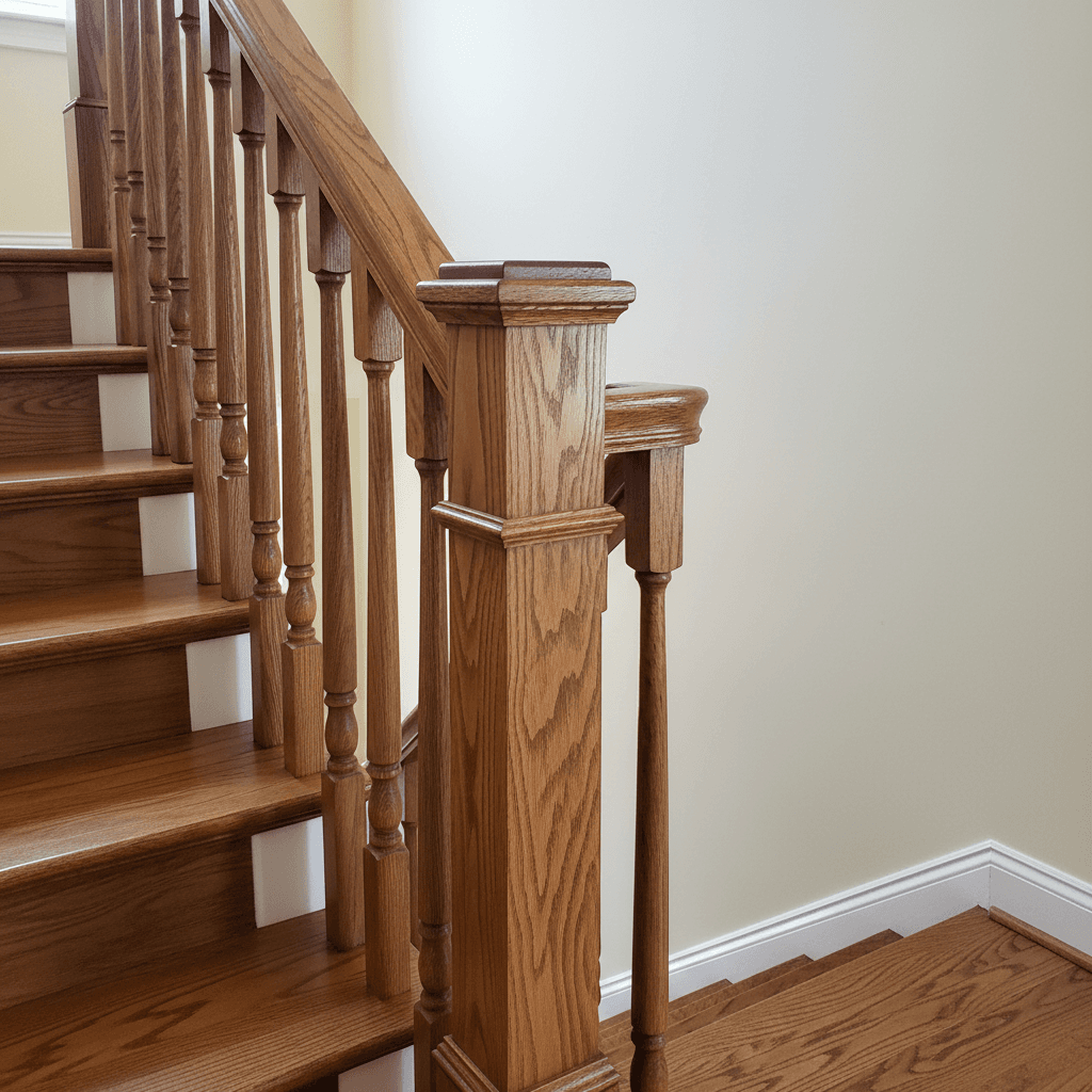 Restored hardwood stair railing showing rich wood grain