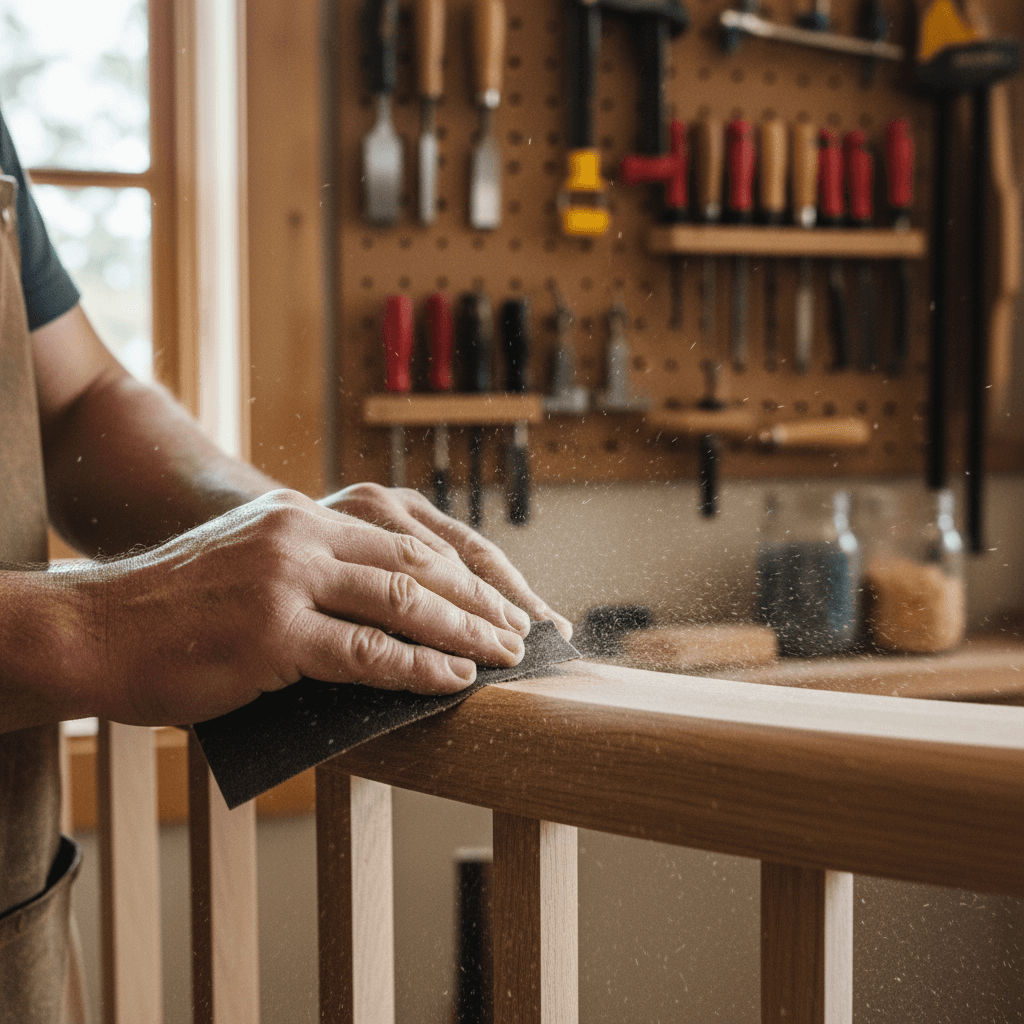 Hands sanding a wooden railing in a workshop