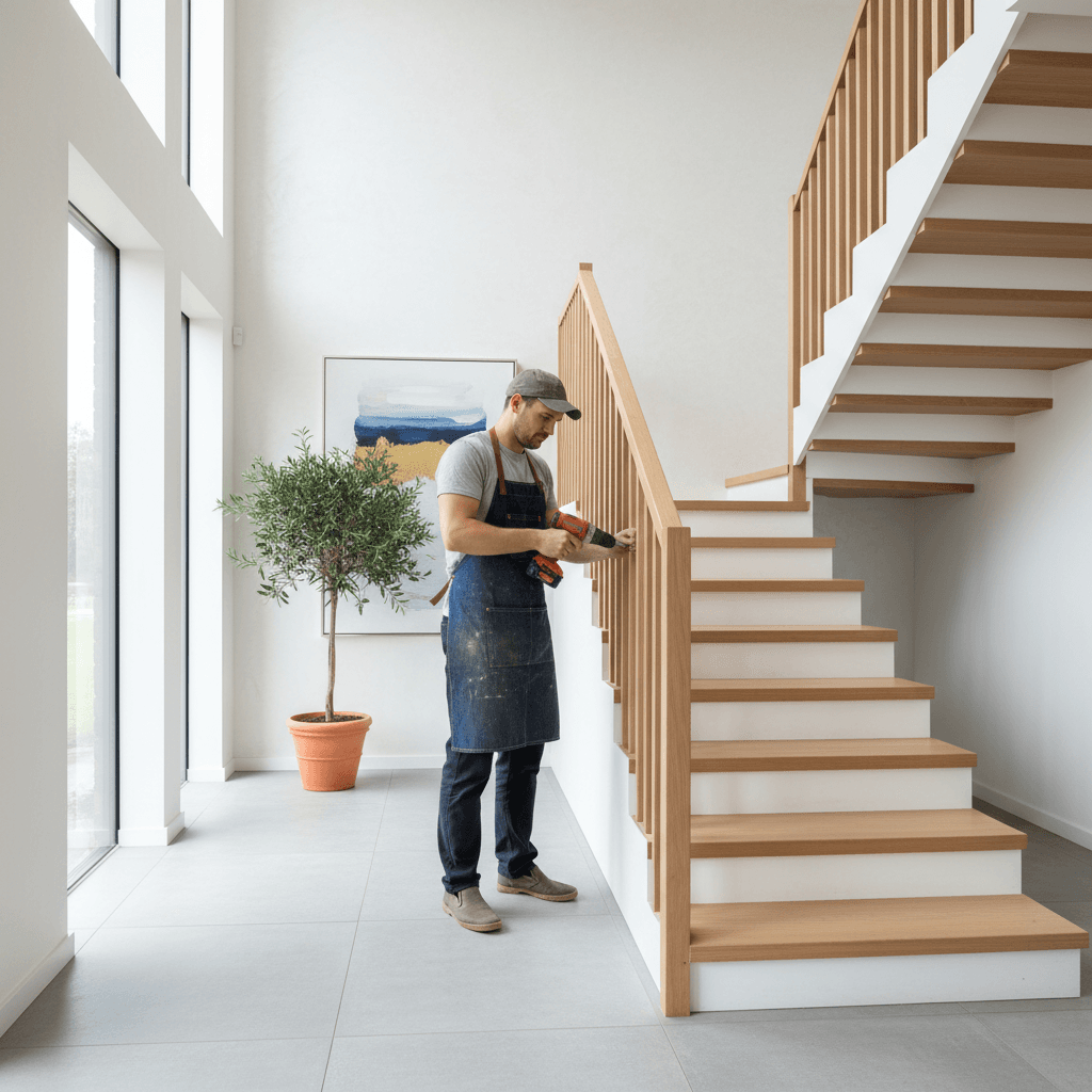 Craftsman installing a wooden stair railing in a bright home