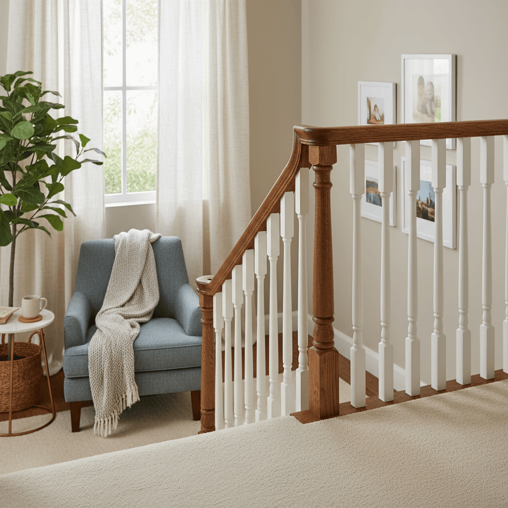 Finished wooden handrail and balusters in a home interior