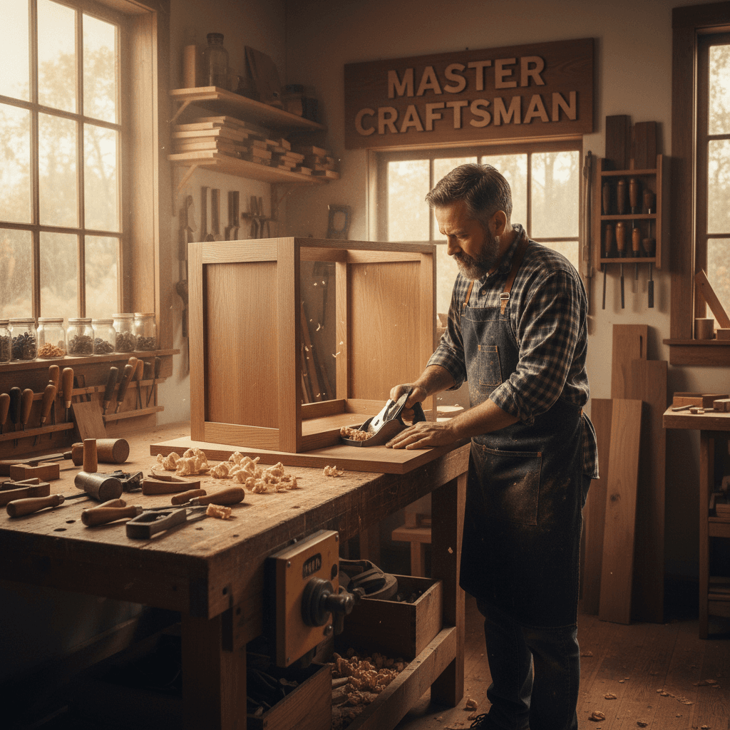 Craftsman building a custom cabinet with hand tools