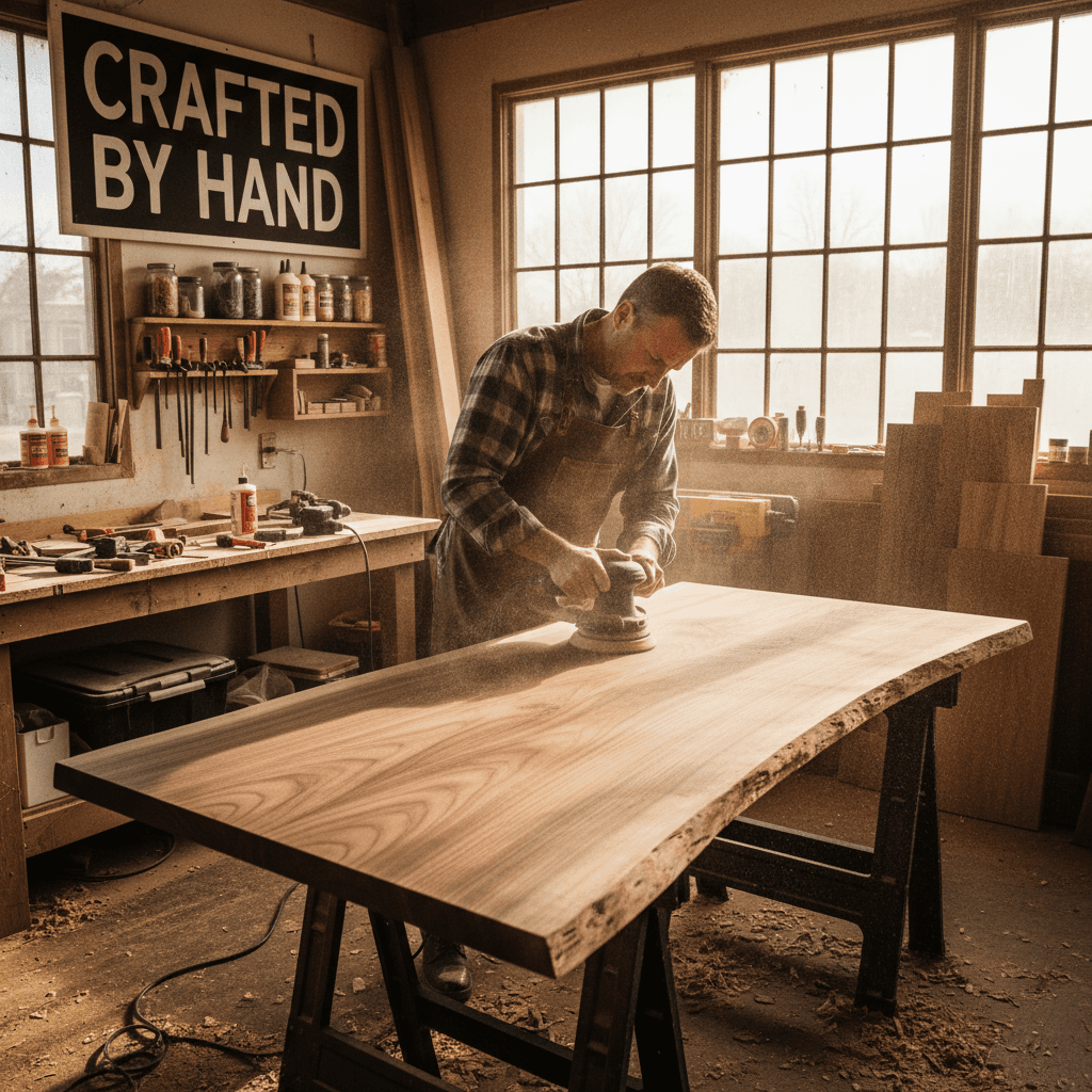 Woodworker sanding a custom tabletop in a workshop