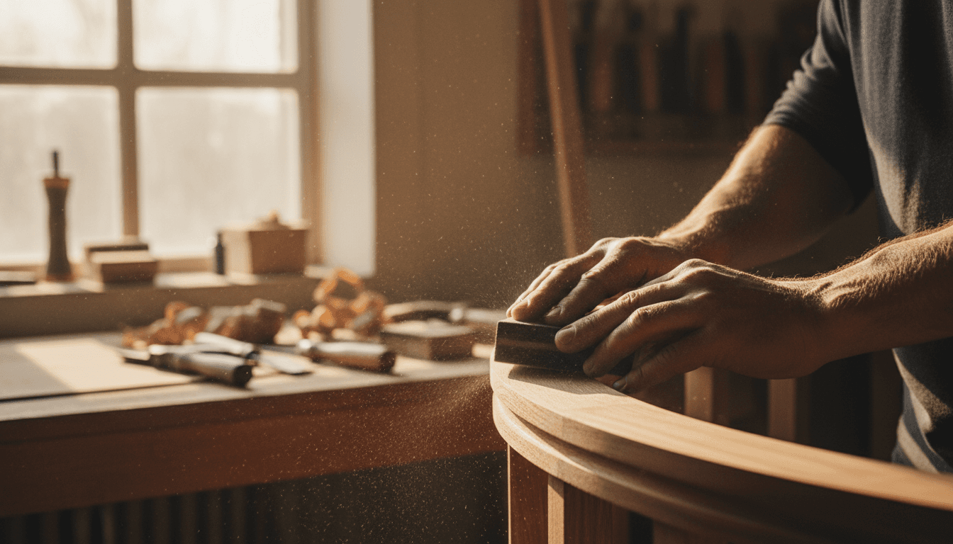 Close up of craftsman hands sanding a wooden railing in a workshop with warm natural light