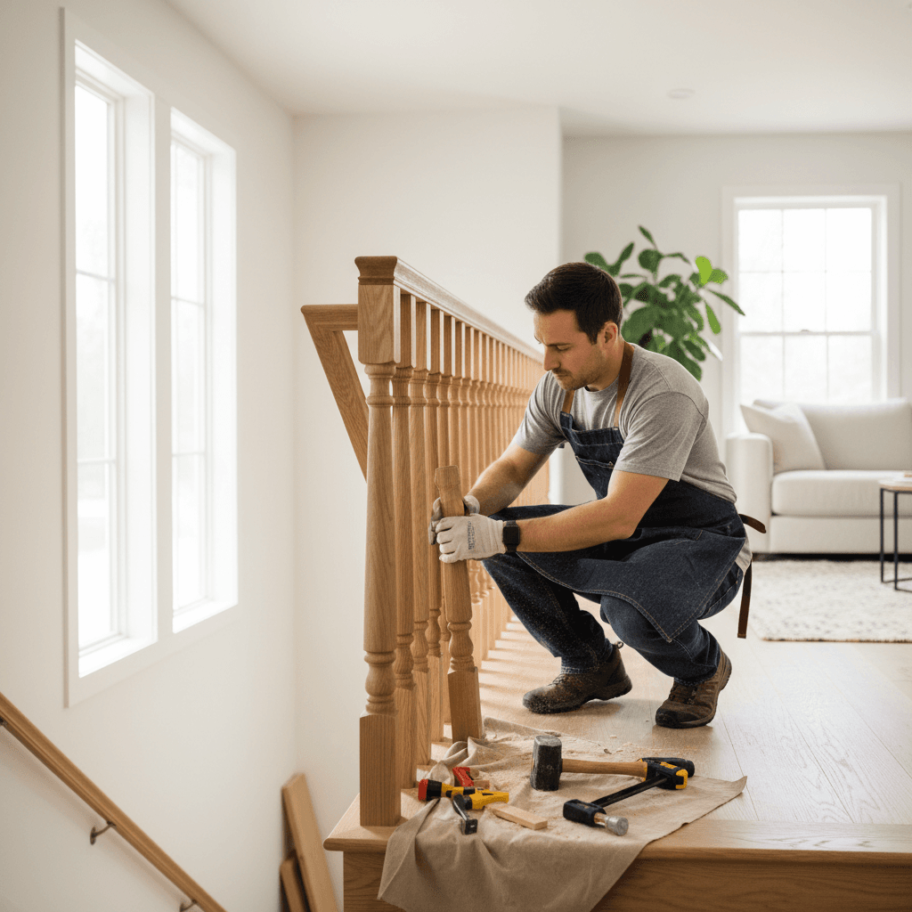 Craftsman installing wooden stair railing in a bright home interior