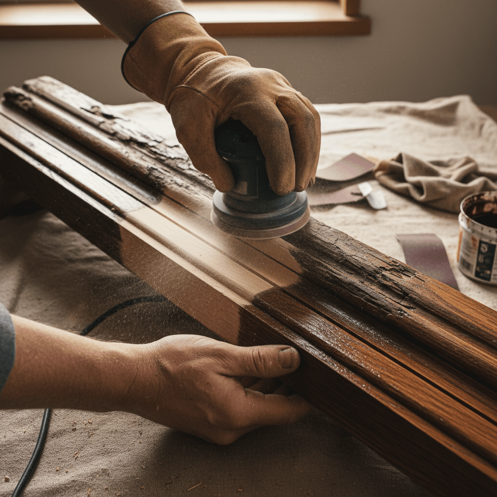 Close-up of hands sanding and refinishing aged wooden trim