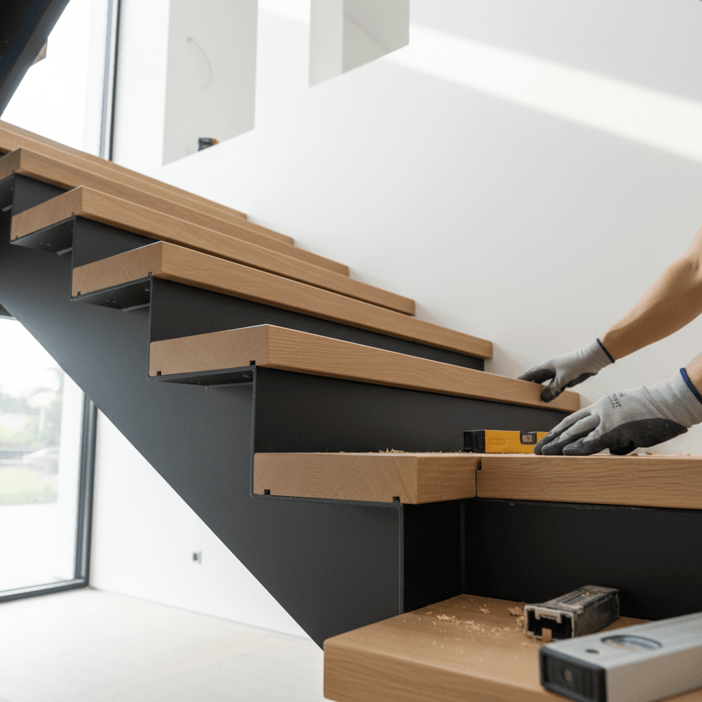 Carpenter's hands securing a wooden stair railing in a modern home