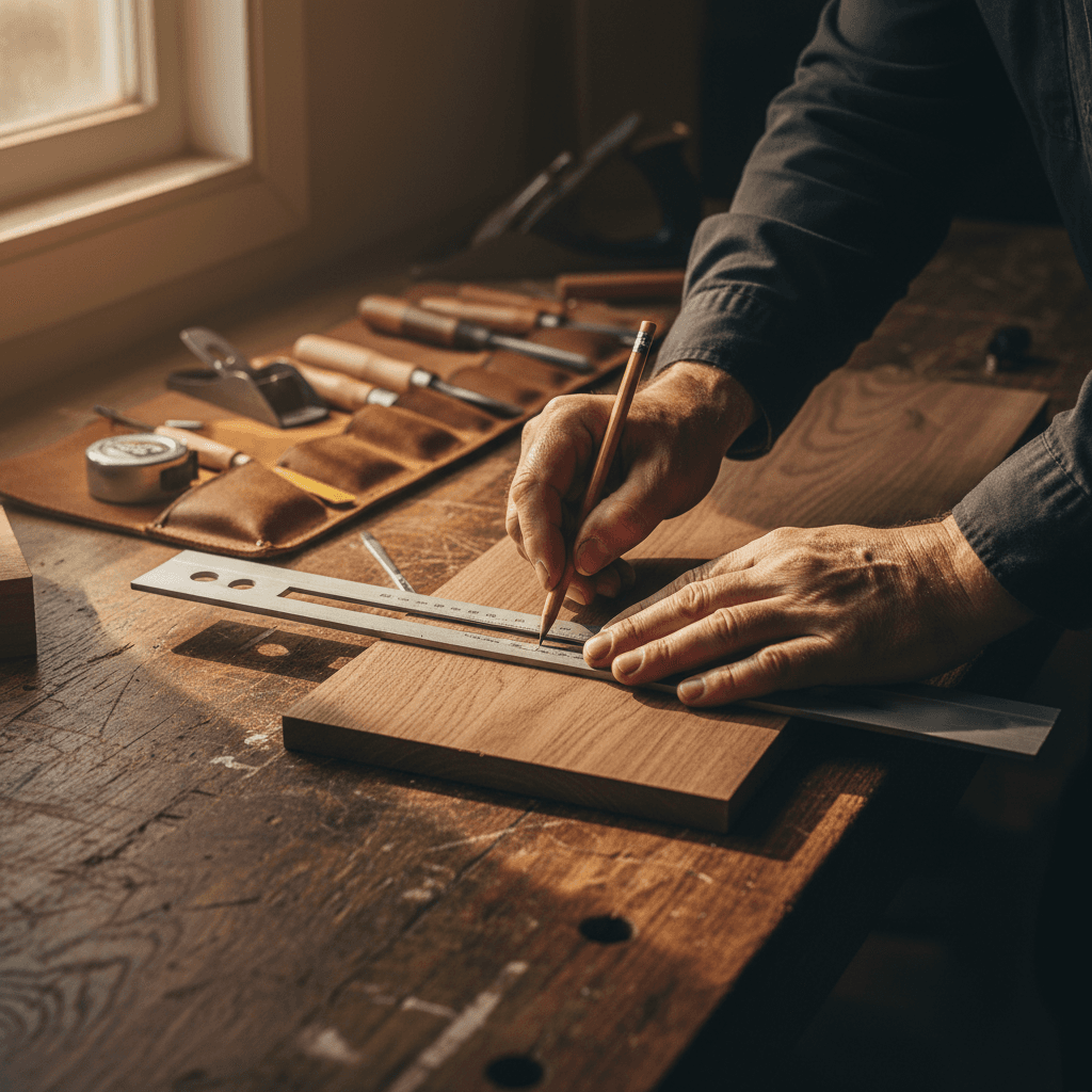 Craftsman measuring a wooden board for a precise fit