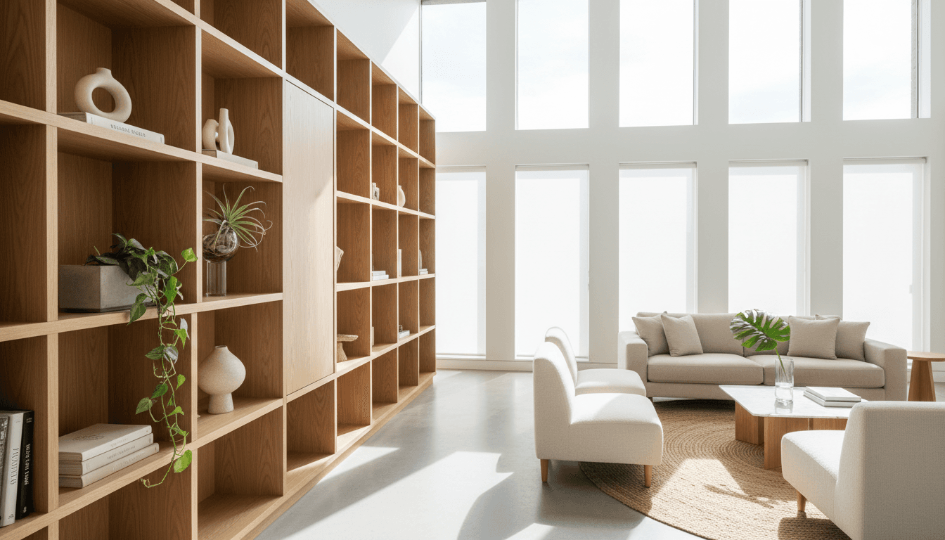 Custom wooden bookshelf built into a cozy home interior