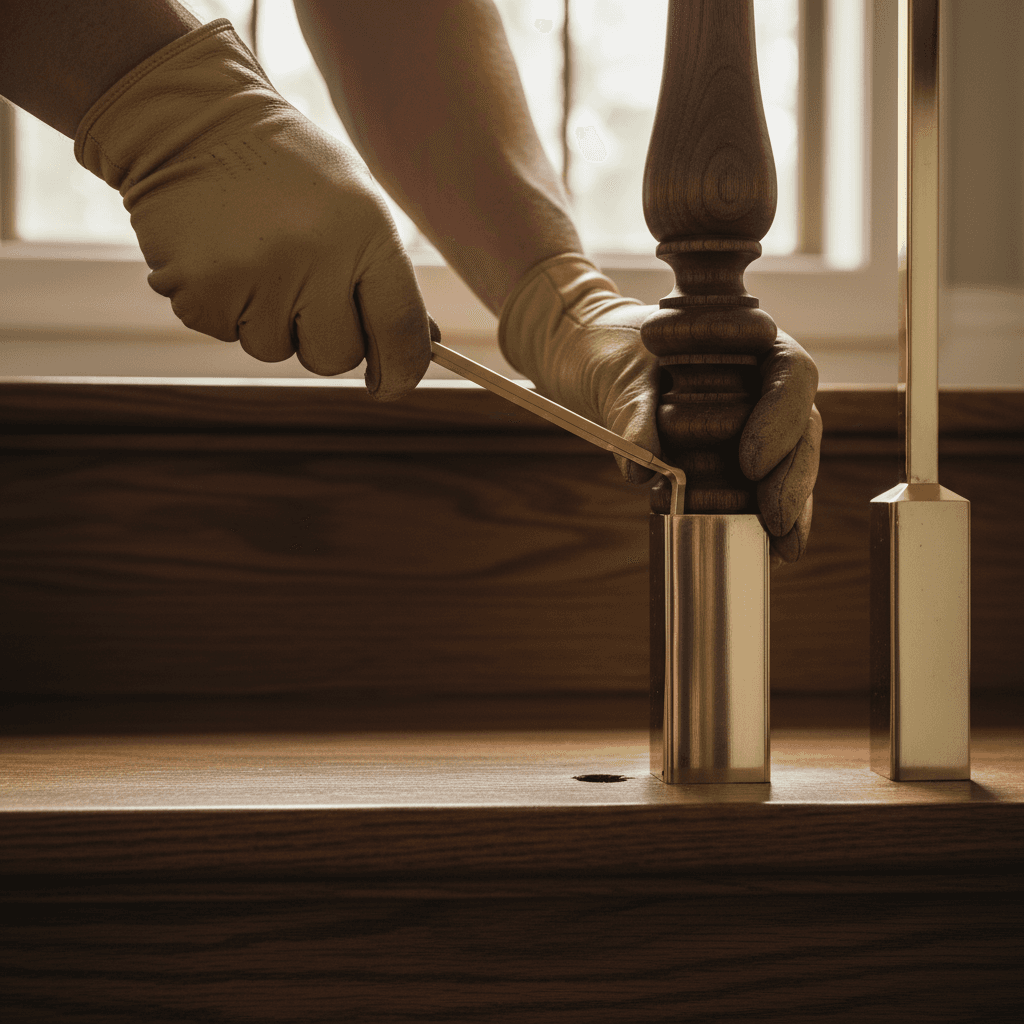 Craftsman installing custom wooden stair railing in bright modern home
