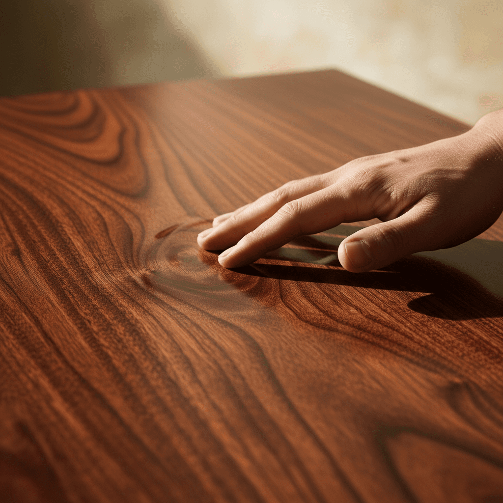 Close-up of a restored wooden handrail with a fresh finish and visible grain