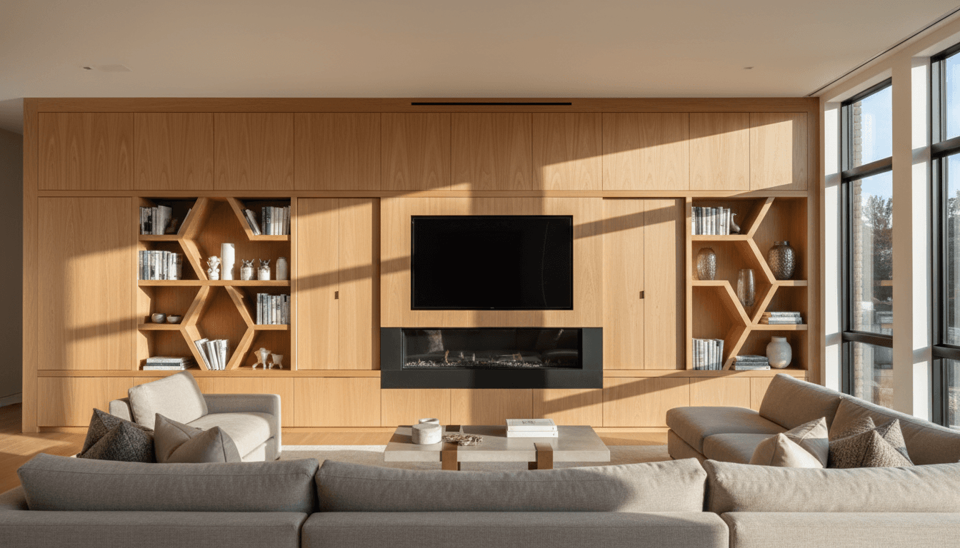 Custom built oak bookshelf built into a living room wall