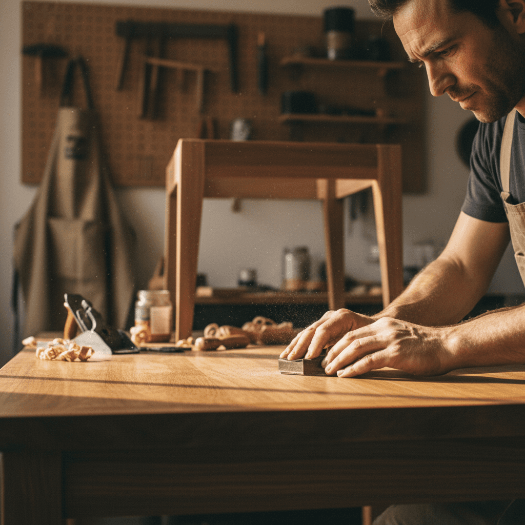 Craftsman sanding a custom wooden table in a workshop
