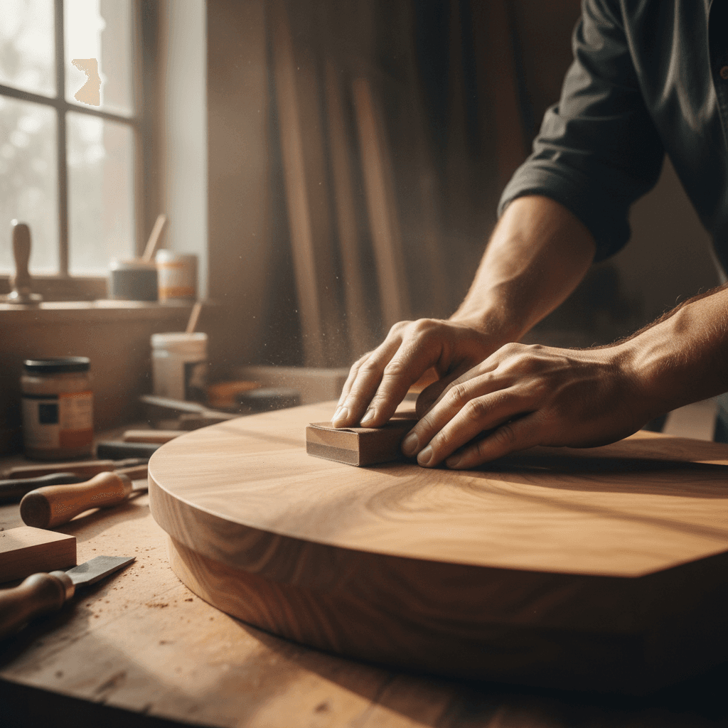 Woodworker's hands sanding a wooden staircase tread in bright workshop with natural window light