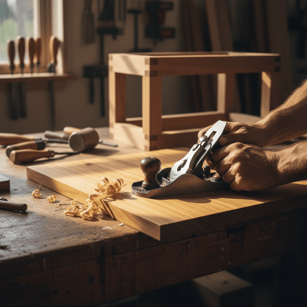 Carpenter restoring an antique wooden table in a workshop