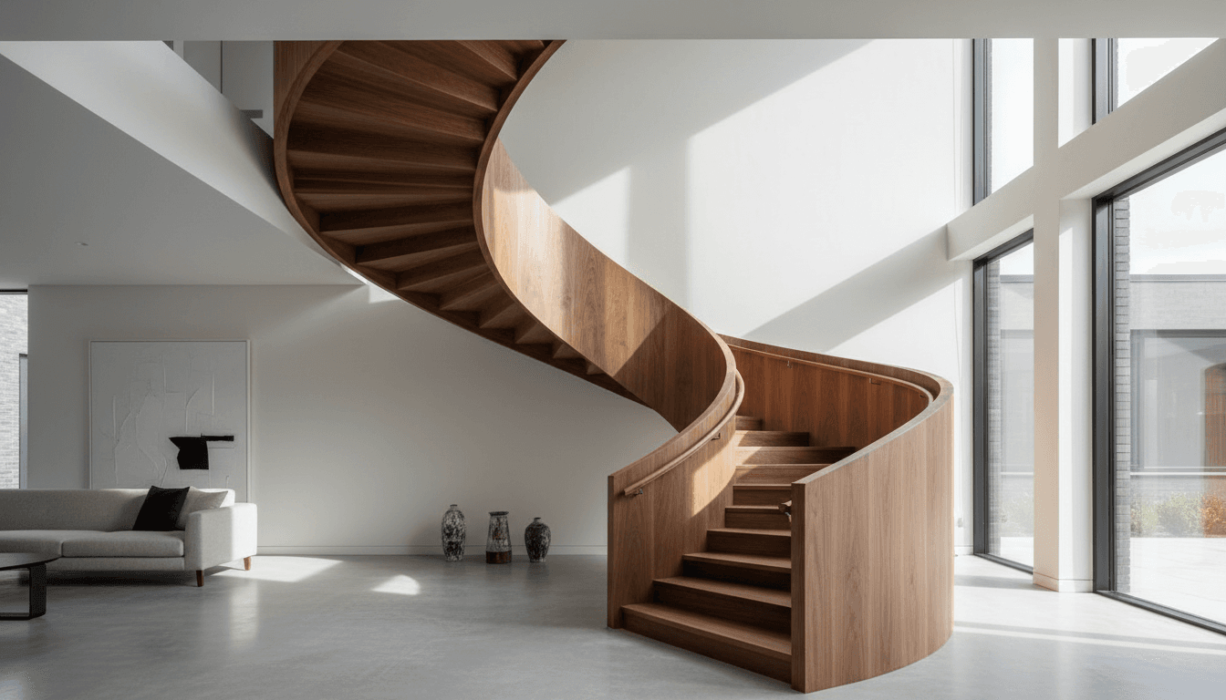 Custom wooden staircase with handcrafted railing in a home