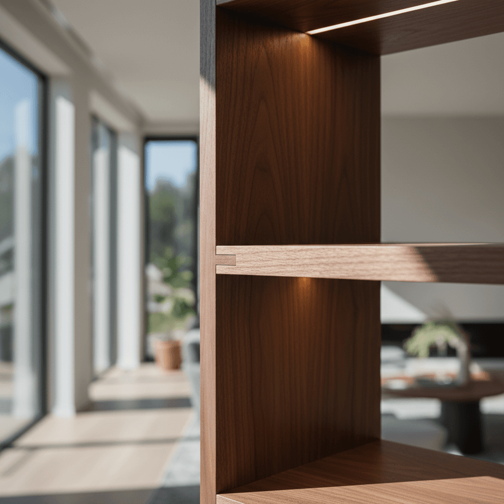 Close-up of custom walnut shelving with integrated LED lighting, showcasing precision joinery and quality wood grain finish