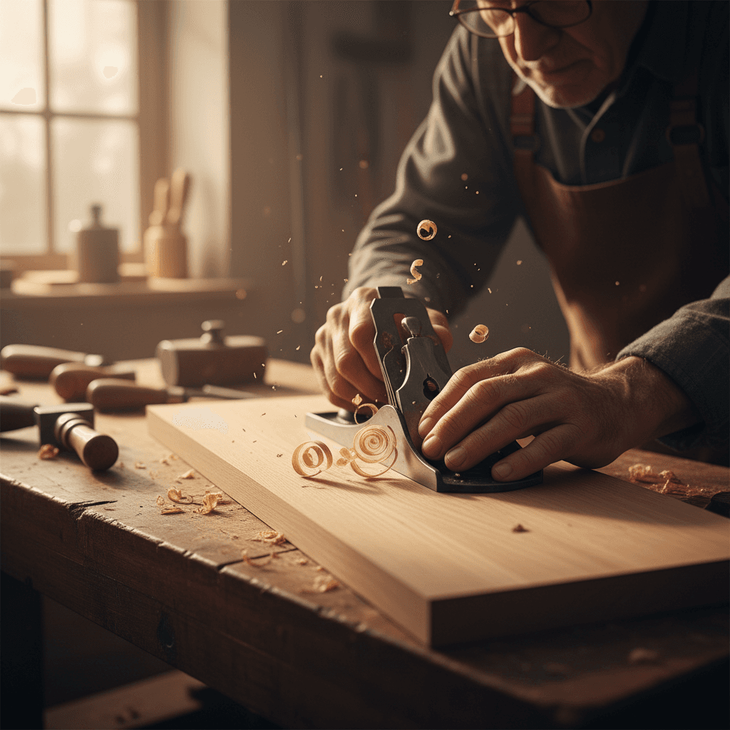 Craftsman staining a wood panel by hand