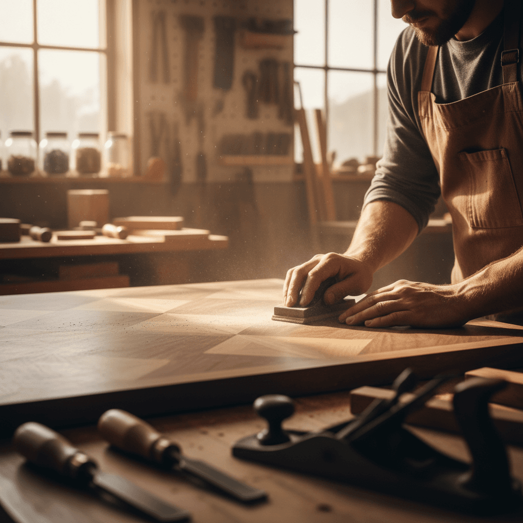Close up of hands sanding and restoring aged wood surface in workshop