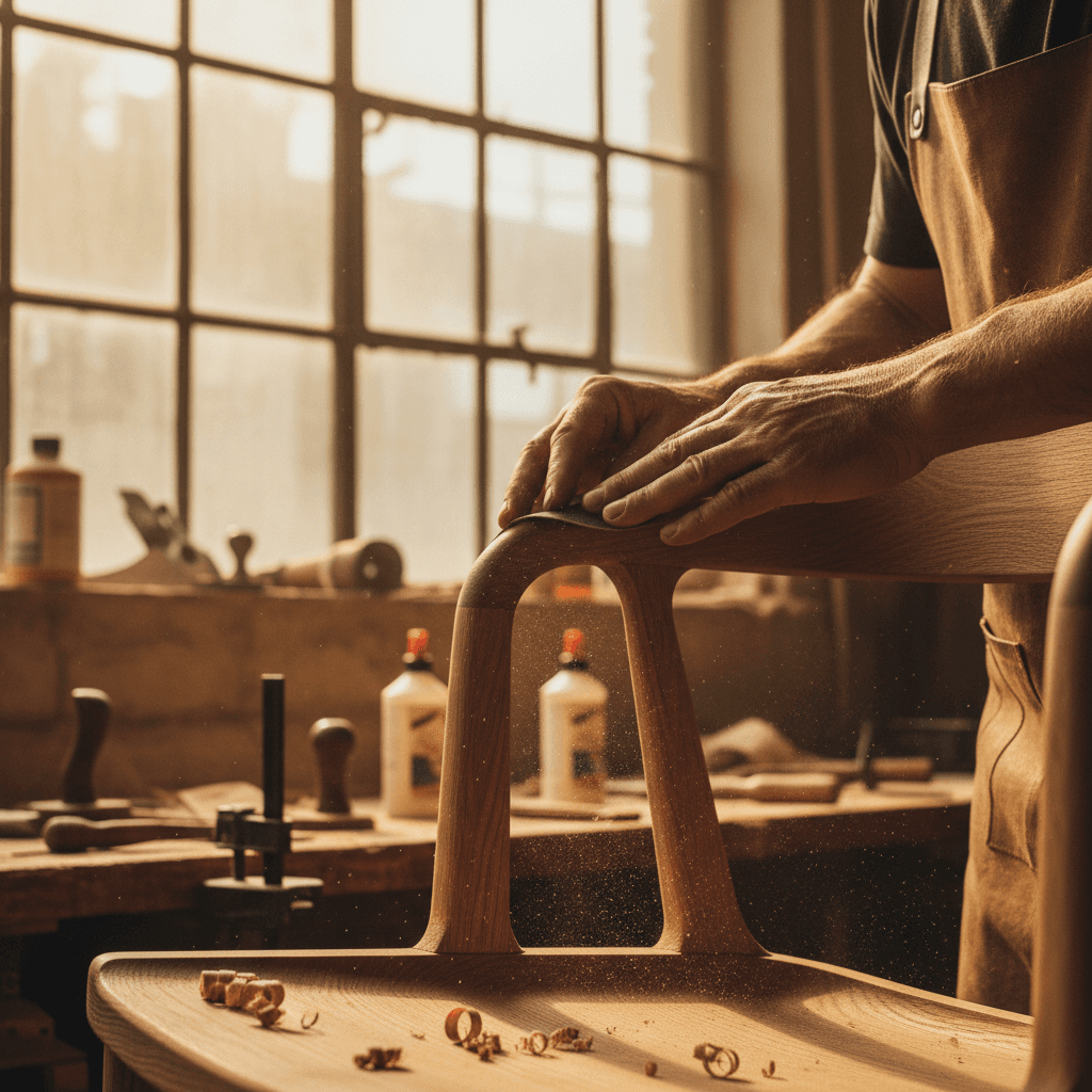 Craftsman sanding a custom wooden handrail in a workshop