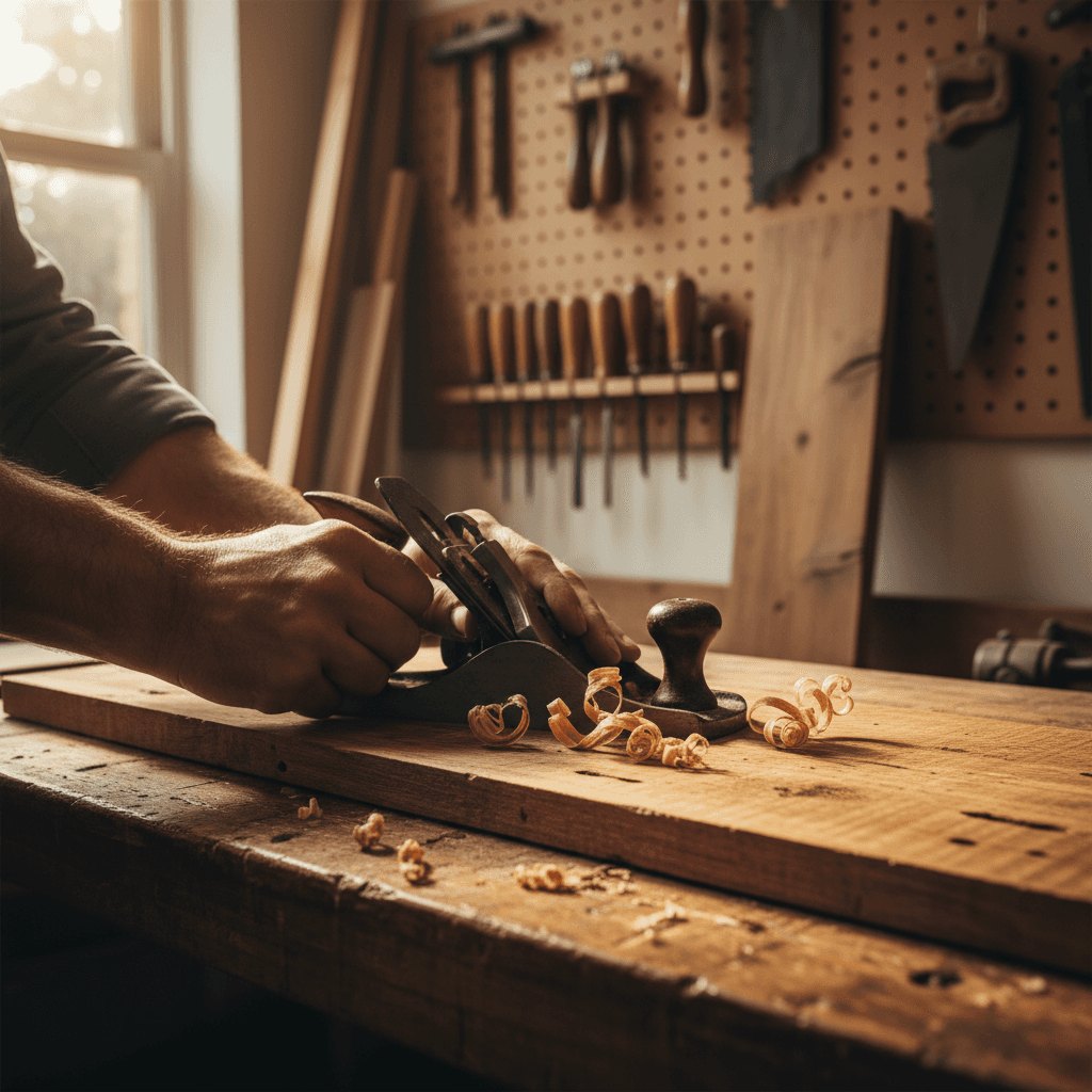 Woodworker consulting with a client at a workbench over a wood plan