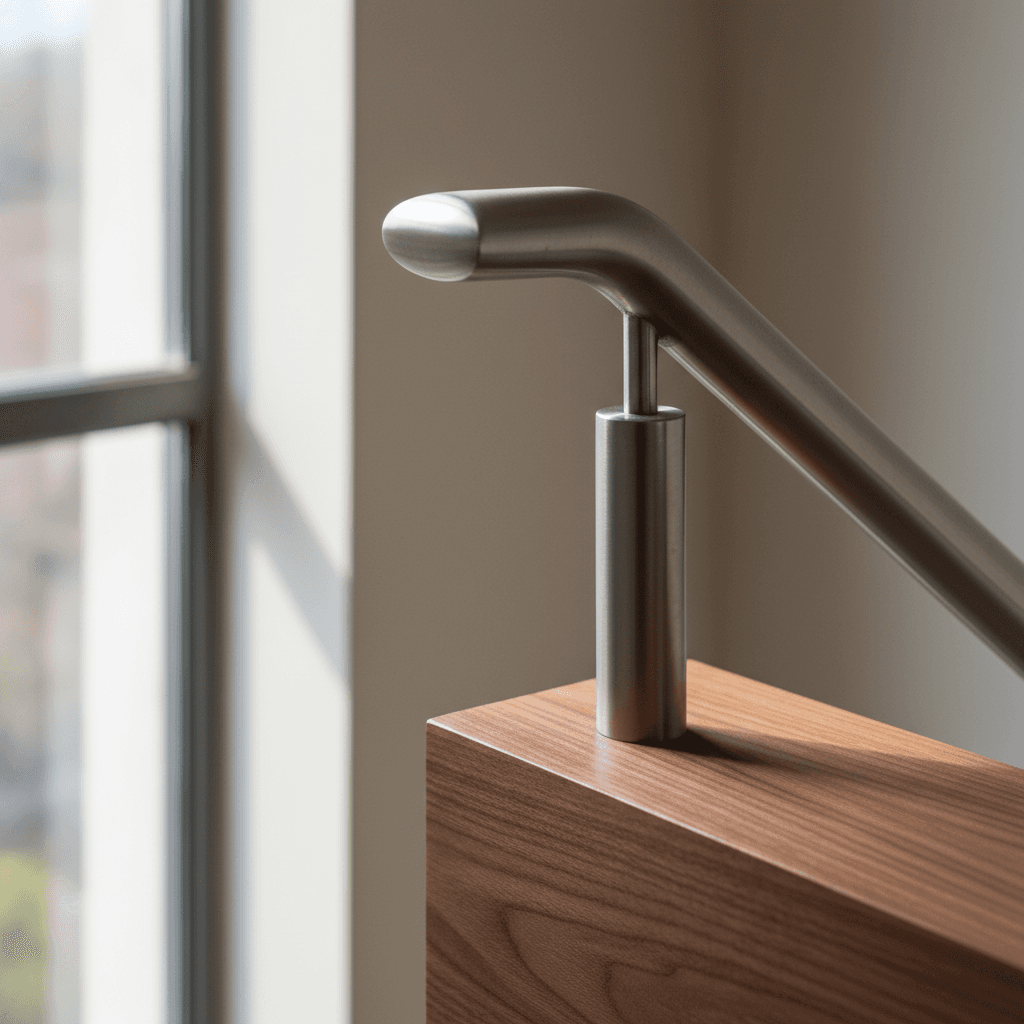 Close-up of a custom wood stair railing with warm natural tones