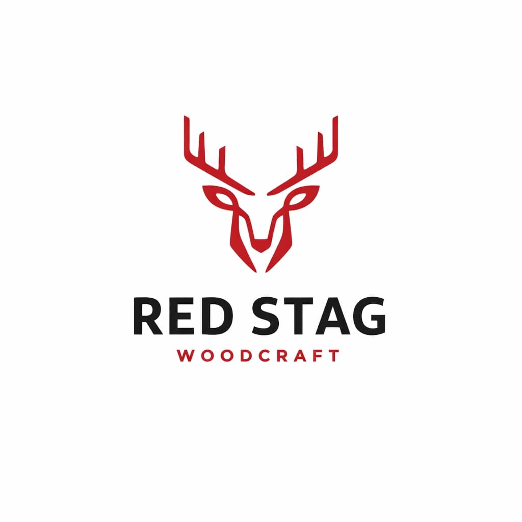 Minimalist red stag head logo above bold black RED STAG and red WOODCRAFT text.